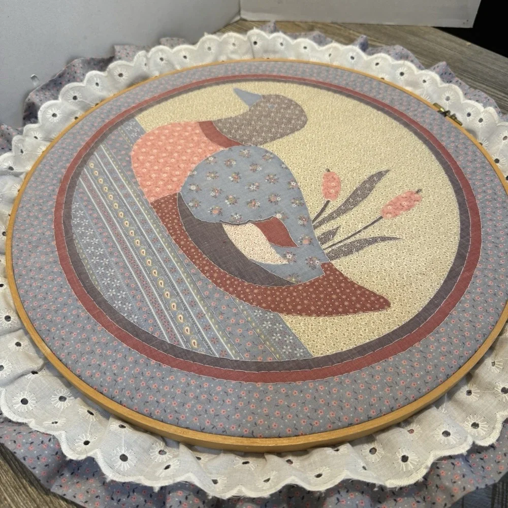 Handmade Vintage Cloth Wood Round Ring Duck Wall Hanging Lace Cottage